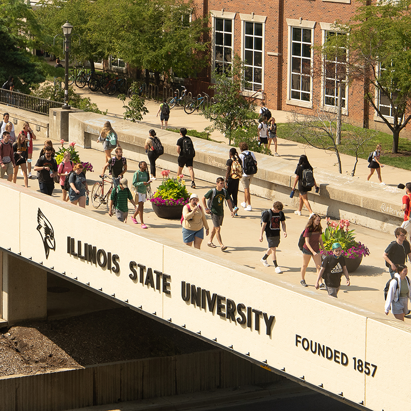 Students crossing ISU bridge
